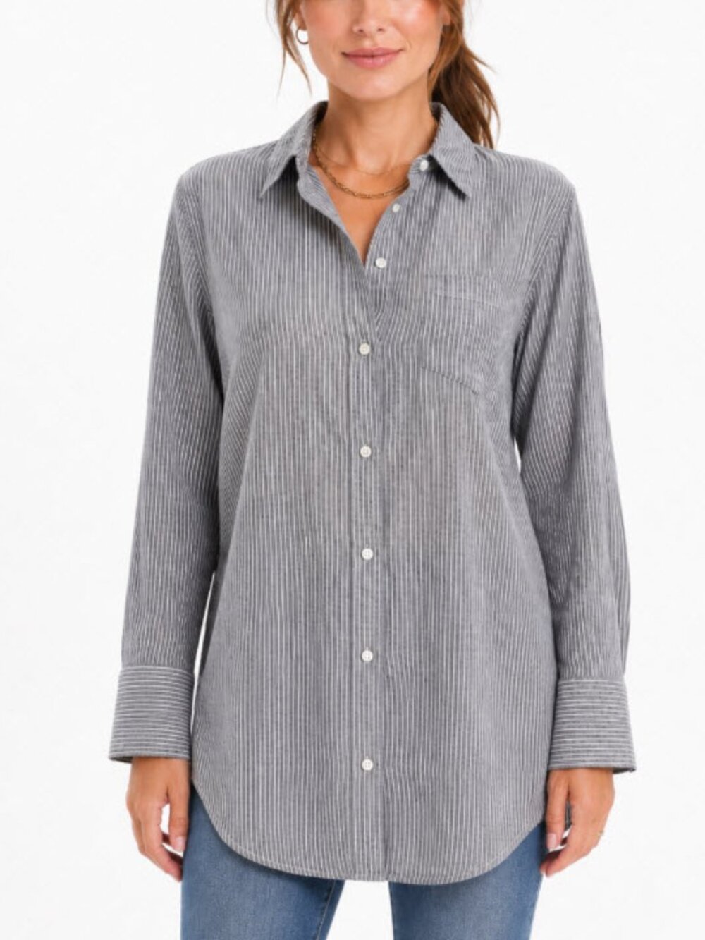 Nili Lotan Grey White Striped Cotton Button Down Shirt Size S Quiet Luxury